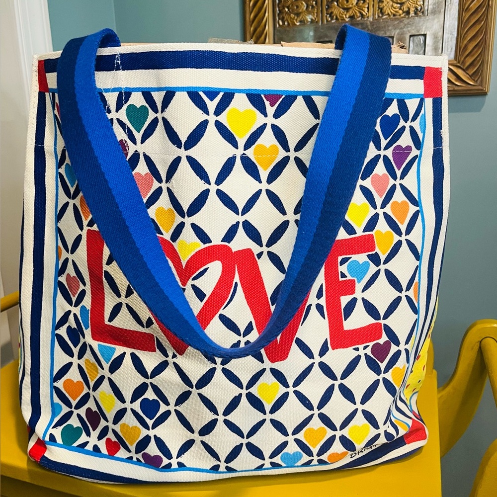 Brighton Blue & White LOVE Pattern Canvas Tote with Multicolor Hearts